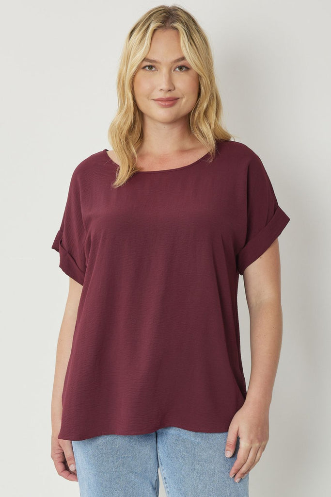 Entro Scoop Neck Blouse With Permanent Rolled Sleeves In Burgundy Plus-Curvy/Plus Blouses-Entro-Deja Nu Boutique, Women's Fashion Boutique in Lampasas, Texas
