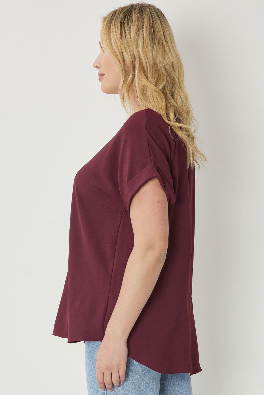 Entro Scoop Neck Blouse With Permanent Rolled Sleeves In Burgundy Plus-Curvy/Plus Blouses-Entro-Deja Nu Boutique, Women's Fashion Boutique in Lampasas, Texas