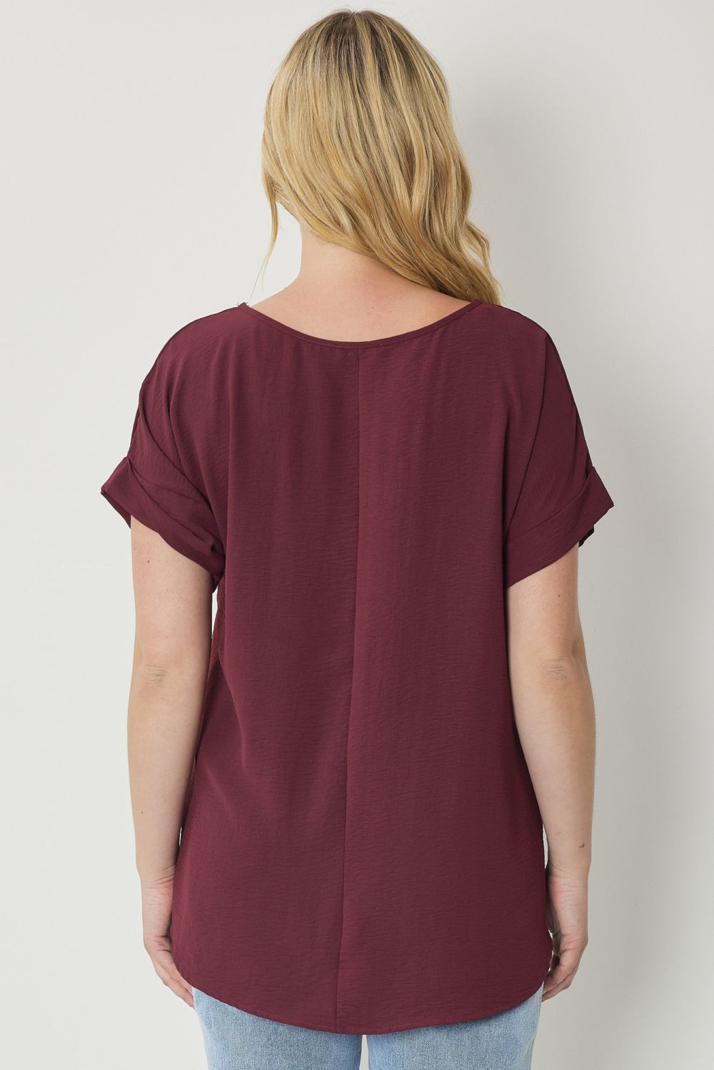 Entro Scoop Neck Blouse With Permanent Rolled Sleeves In Burgundy Plus-Curvy/Plus Blouses-Entro-Deja Nu Boutique, Women's Fashion Boutique in Lampasas, Texas