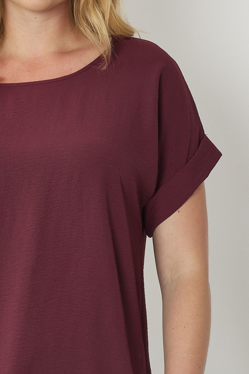 Entro Scoop Neck Blouse With Permanent Rolled Sleeves In Burgundy Plus-Curvy/Plus Blouses-Entro-Deja Nu Boutique, Women's Fashion Boutique in Lampasas, Texas