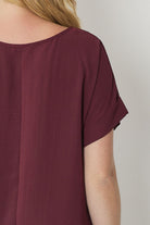 Entro Scoop Neck Blouse With Permanent Rolled Sleeves In Burgundy Plus-Curvy/Plus Blouses-Entro-Deja Nu Boutique, Women's Fashion Boutique in Lampasas, Texas