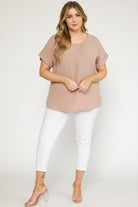 Entro Scoop Neck Blouse With Permanent Rolled Sleeves In Latte Plus-Curvy/Plus Blouses-Entro-Deja Nu Boutique, Women's Fashion Boutique in Lampasas, Texas