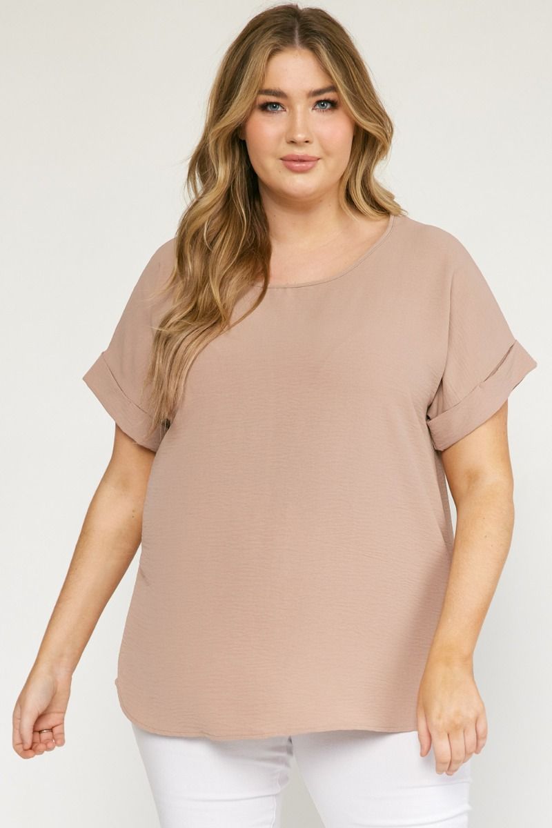 Entro Scoop Neck Blouse With Permanent Rolled Sleeves In Latte Plus-Curvy/Plus Blouses-Entro-Deja Nu Boutique, Women's Fashion Boutique in Lampasas, Texas