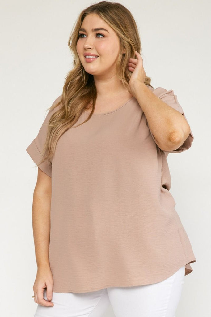 Entro Scoop Neck Blouse With Permanent Rolled Sleeves In Latte Plus-Curvy/Plus Blouses-Entro-Deja Nu Boutique, Women's Fashion Boutique in Lampasas, Texas