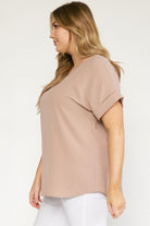 Entro Scoop Neck Blouse With Permanent Rolled Sleeves In Latte Plus-Curvy/Plus Blouses-Entro-Deja Nu Boutique, Women's Fashion Boutique in Lampasas, Texas