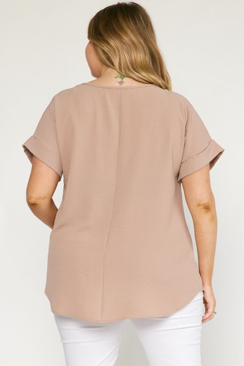 Entro Scoop Neck Blouse With Permanent Rolled Sleeves In Latte Plus-Curvy/Plus Blouses-Entro-Deja Nu Boutique, Women's Fashion Boutique in Lampasas, Texas