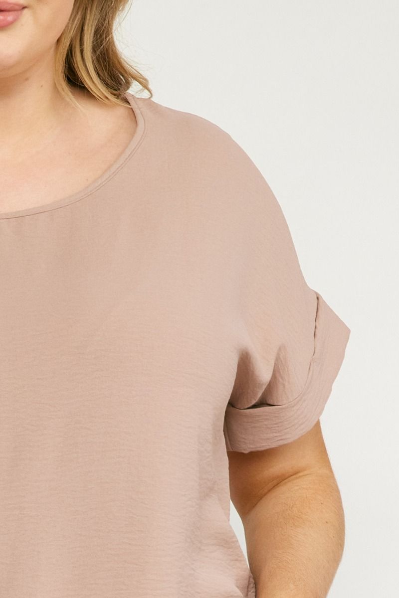 Entro Scoop Neck Blouse With Permanent Rolled Sleeves In Latte Plus-Curvy/Plus Blouses-Entro-Deja Nu Boutique, Women's Fashion Boutique in Lampasas, Texas