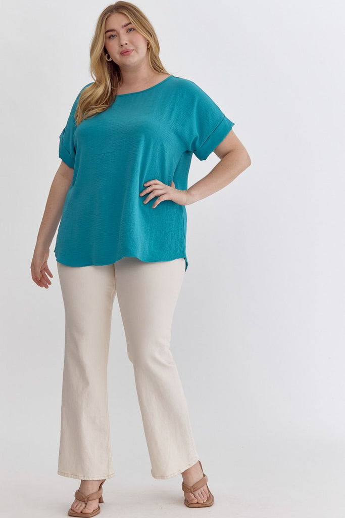 Entro Scoop Neck Blouse With Permanent Rolled Sleeves In Ocean Blue Plus-Curvy/Plus Blouses-Entro-Deja Nu Boutique, Women's Fashion Boutique in Lampasas, Texas