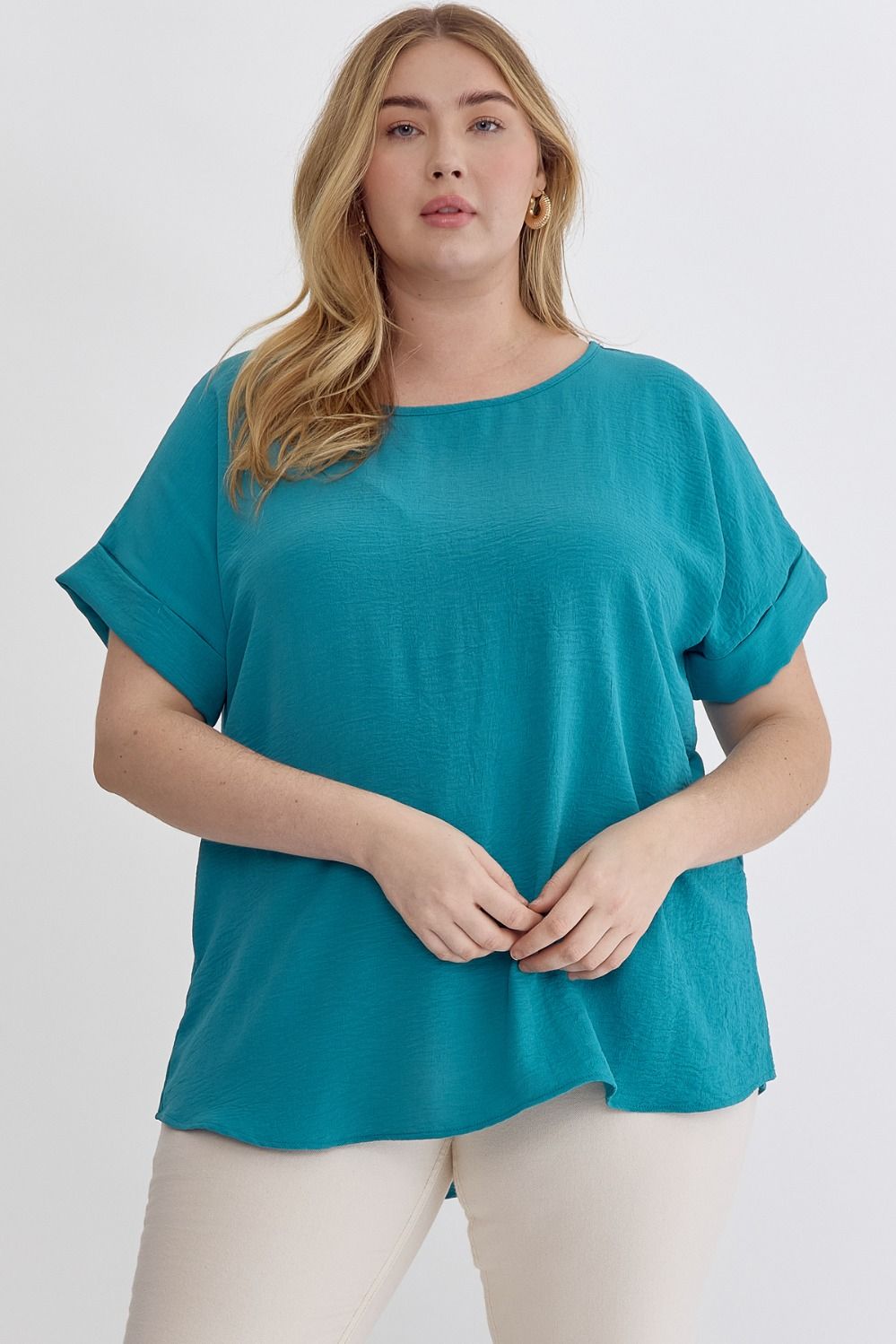 Entro Scoop Neck Blouse With Permanent Rolled Sleeves In Ocean Blue Plus-Curvy/Plus Blouses-Entro-Deja Nu Boutique, Women's Fashion Boutique in Lampasas, Texas