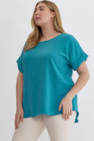 Entro Scoop Neck Blouse With Permanent Rolled Sleeves In Ocean Blue Plus-Curvy/Plus Blouses-Entro-Deja Nu Boutique, Women's Fashion Boutique in Lampasas, Texas