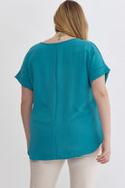 Entro Scoop Neck Blouse With Permanent Rolled Sleeves In Ocean Blue Plus-Curvy/Plus Blouses-Entro-Deja Nu Boutique, Women's Fashion Boutique in Lampasas, Texas