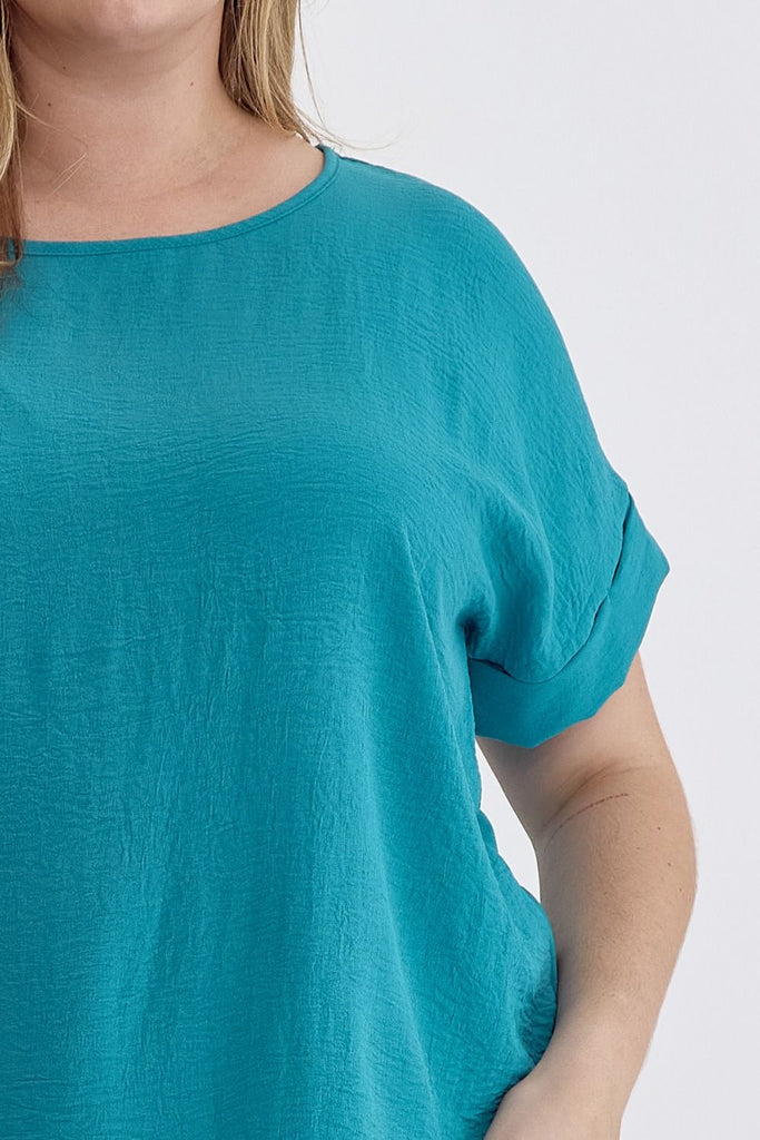 Entro Scoop Neck Blouse With Permanent Rolled Sleeves In Ocean Blue Plus-Curvy/Plus Blouses-Entro-Deja Nu Boutique, Women's Fashion Boutique in Lampasas, Texas