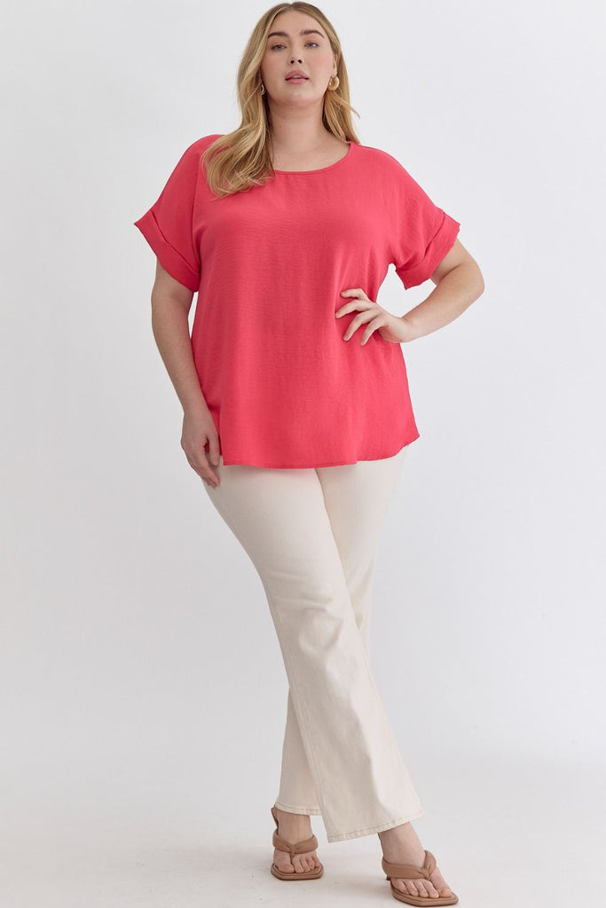 Entro Scoop Neck Blouse With Permanent Rolled Sleeves In Punch Plus-Curvy/Plus Blouses-Entro-Deja Nu Boutique, Women's Fashion Boutique in Lampasas, Texas