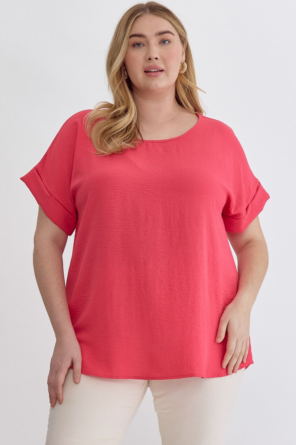 Entro Scoop Neck Blouse With Permanent Rolled Sleeves In Punch Plus-Curvy/Plus Blouses-Entro-Deja Nu Boutique, Women's Fashion Boutique in Lampasas, Texas