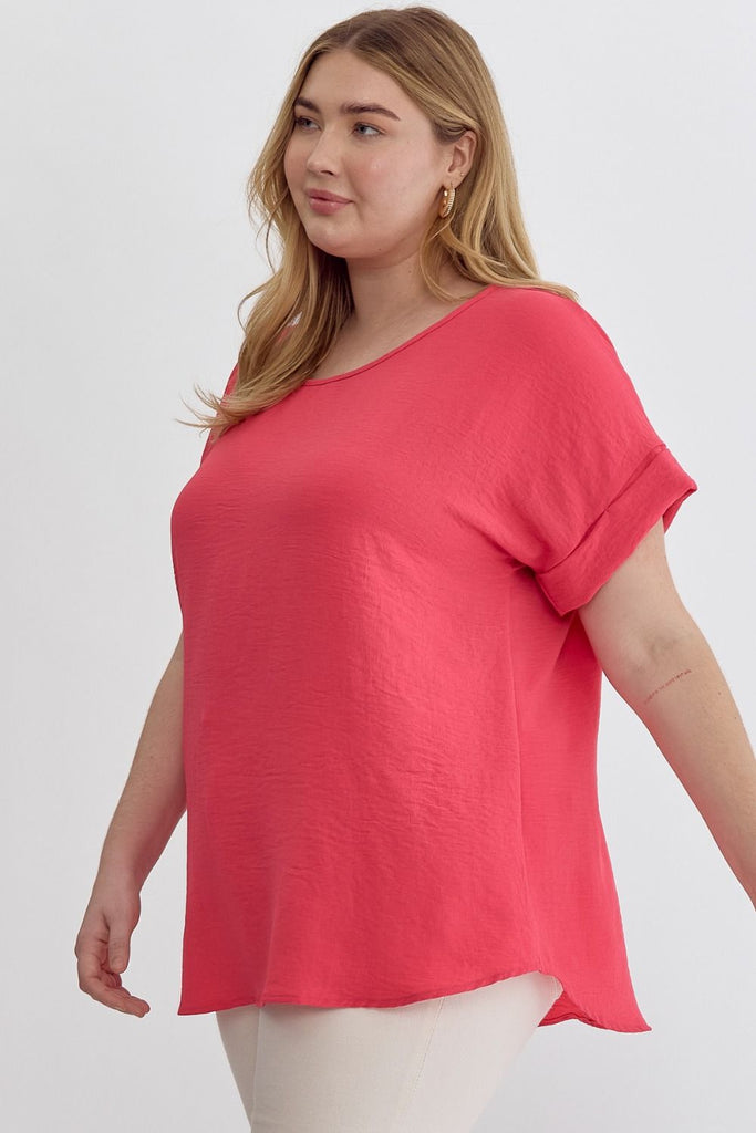 Entro Scoop Neck Blouse With Permanent Rolled Sleeves In Punch Plus-Curvy/Plus Blouses-Entro-Deja Nu Boutique, Women's Fashion Boutique in Lampasas, Texas