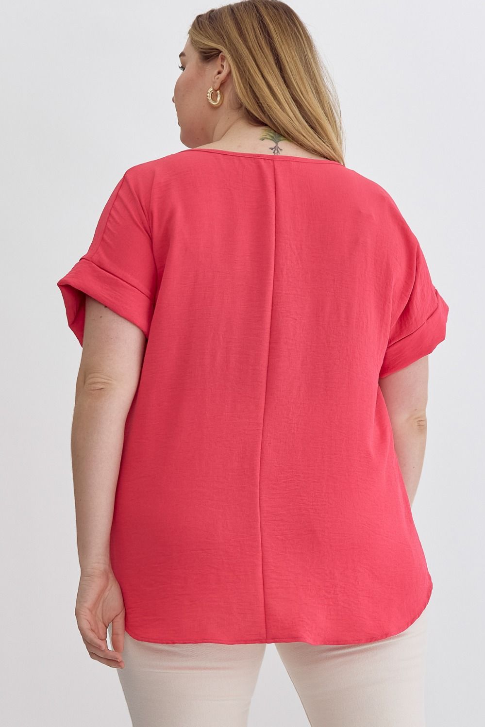 Entro Scoop Neck Blouse With Permanent Rolled Sleeves In Punch Plus-Curvy/Plus Blouses-Entro-Deja Nu Boutique, Women's Fashion Boutique in Lampasas, Texas