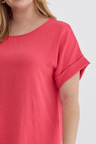 Entro Scoop Neck Blouse With Permanent Rolled Sleeves In Punch Plus-Curvy/Plus Blouses-Entro-Deja Nu Boutique, Women's Fashion Boutique in Lampasas, Texas