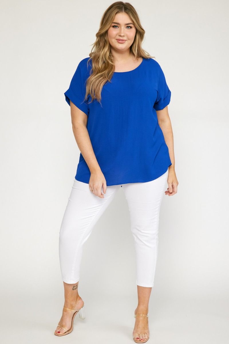 Entro Scoop Neck Blouse With Permanent Rolled Sleeves In Royal Blue Plus-Curvy/Plus Blouses-Entro-Deja Nu Boutique, Women's Fashion Boutique in Lampasas, Texas