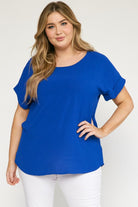 Entro Scoop Neck Blouse With Permanent Rolled Sleeves In Royal Blue Plus-Curvy/Plus Blouses-Entro-Deja Nu Boutique, Women's Fashion Boutique in Lampasas, Texas