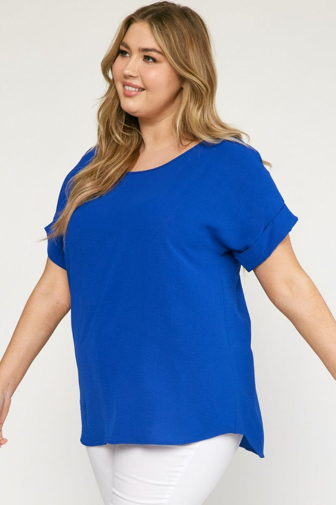 Entro Scoop Neck Blouse With Permanent Rolled Sleeves In Royal Blue Plus-Curvy/Plus Blouses-Entro-Deja Nu Boutique, Women's Fashion Boutique in Lampasas, Texas