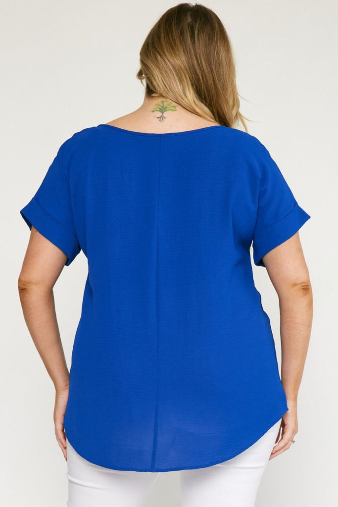 Entro Scoop Neck Blouse With Permanent Rolled Sleeves In Royal Blue Plus-Curvy/Plus Blouses-Entro-Deja Nu Boutique, Women's Fashion Boutique in Lampasas, Texas