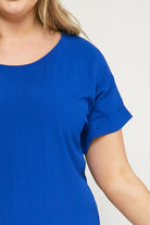 Entro Scoop Neck Blouse With Permanent Rolled Sleeves In Royal Blue Plus-Curvy/Plus Blouses-Entro-Deja Nu Boutique, Women's Fashion Boutique in Lampasas, Texas