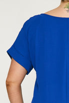 Entro Scoop Neck Blouse With Permanent Rolled Sleeves In Royal Blue Plus-Curvy/Plus Blouses-Entro-Deja Nu Boutique, Women's Fashion Boutique in Lampasas, Texas