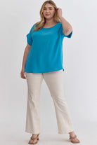 Entro Scoop Neck Blouse With Permanent Rolled Sleeves In Turquoise Plus-Curvy/Plus Blouses-Entro-Deja Nu Boutique, Women's Fashion Boutique in Lampasas, Texas