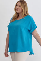 Entro Scoop Neck Blouse With Permanent Rolled Sleeves In Turquoise Plus-Curvy/Plus Blouses-Entro-Deja Nu Boutique, Women's Fashion Boutique in Lampasas, Texas