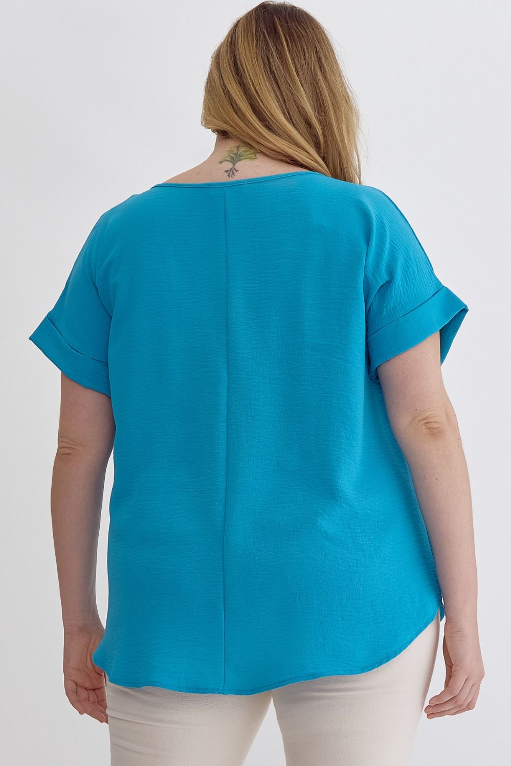 Entro Scoop Neck Blouse With Permanent Rolled Sleeves In Turquoise Plus-Curvy/Plus Blouses-Entro-Deja Nu Boutique, Women's Fashion Boutique in Lampasas, Texas