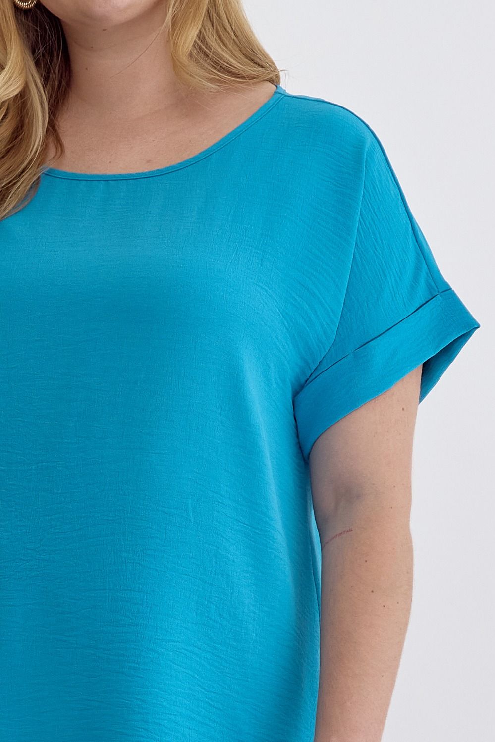 Entro Scoop Neck Blouse With Permanent Rolled Sleeves In Turquoise Plus-Curvy/Plus Blouses-Entro-Deja Nu Boutique, Women's Fashion Boutique in Lampasas, Texas