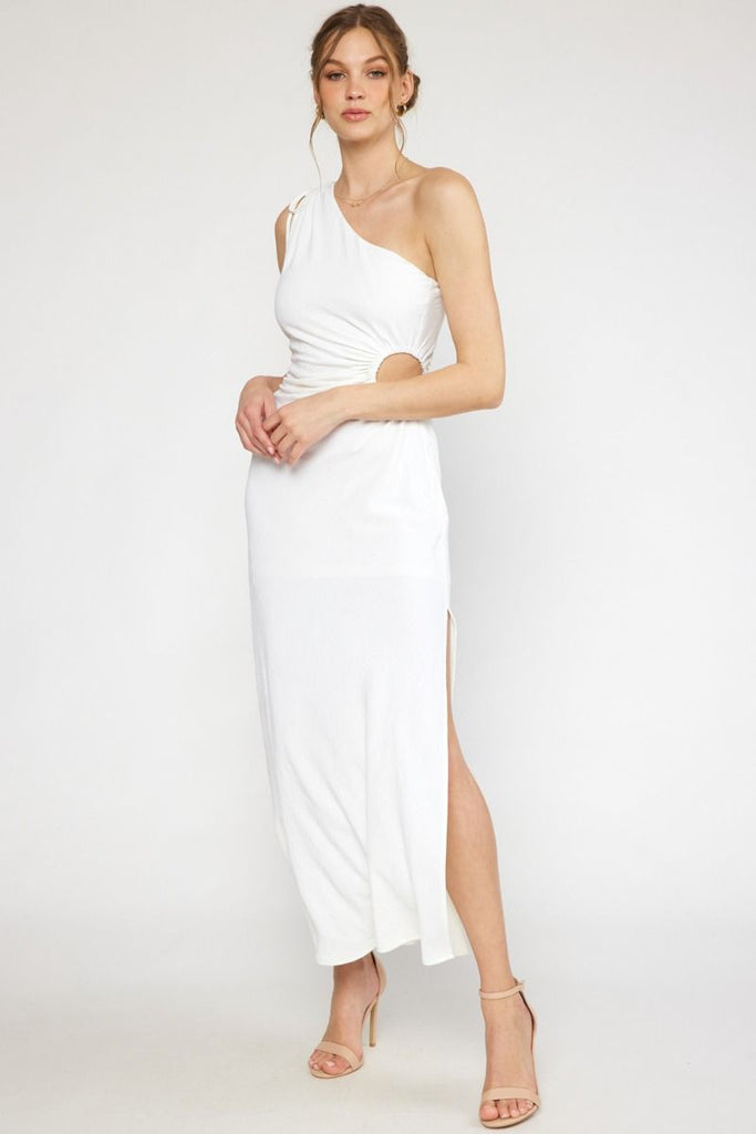 Entro Single Shoulder Maxi Dress Featuring Open Cut Out At Side In Off White-Maxi Dresses-Entro-Deja Nu Boutique, Women's Fashion Boutique in Lampasas, Texas