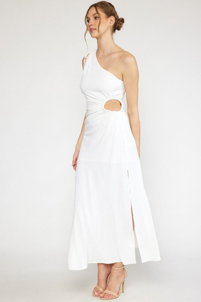 Entro Single Shoulder Maxi Dress Featuring Open Cut Out At Side In Off White-Maxi Dresses-Entro-Deja Nu Boutique, Women's Fashion Boutique in Lampasas, Texas