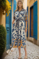 Entro Slate Blue Botanical Midi Shirt Dress with Tie Waist-Midi Dresses-Entro-Deja Nu Boutique, Women's Fashion Boutique in Lampasas, Texas