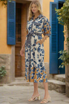 Entro Slate Blue Botanical Midi Shirt Dress with Tie Waist-Midi Dresses-Entro-Deja Nu Boutique, Women's Fashion Boutique in Lampasas, Texas