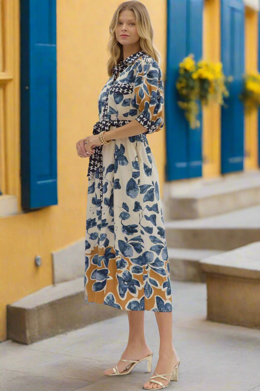 Entro Slate Blue Botanical Midi Shirt Dress with Tie Waist-Midi Dresses-Entro-Deja Nu Boutique, Women's Fashion Boutique in Lampasas, Texas