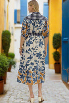 Entro Slate Blue Botanical Midi Shirt Dress with Tie Waist-Midi Dresses-Entro-Deja Nu Boutique, Women's Fashion Boutique in Lampasas, Texas