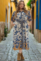 Entro Slate Blue Botanical Midi Shirt Dress with Tie Waist (Plus Sizes)-Curvy/Plus Dresses-Entro-Deja Nu Boutique, Women's Fashion Boutique in Lampasas, Texas