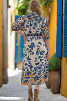 Entro Slate Blue Botanical Midi Shirt Dress with Tie Waist (Plus Sizes)-Curvy/Plus Dresses-Entro-Deja Nu Boutique, Women's Fashion Boutique in Lampasas, Texas