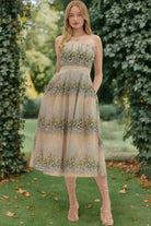 Entro Strapless Linear Floral Pleated Midi Dress with Pockets-Midi Dresses-Entro-Deja Nu Boutique, Women's Fashion Boutique in Lampasas, Texas