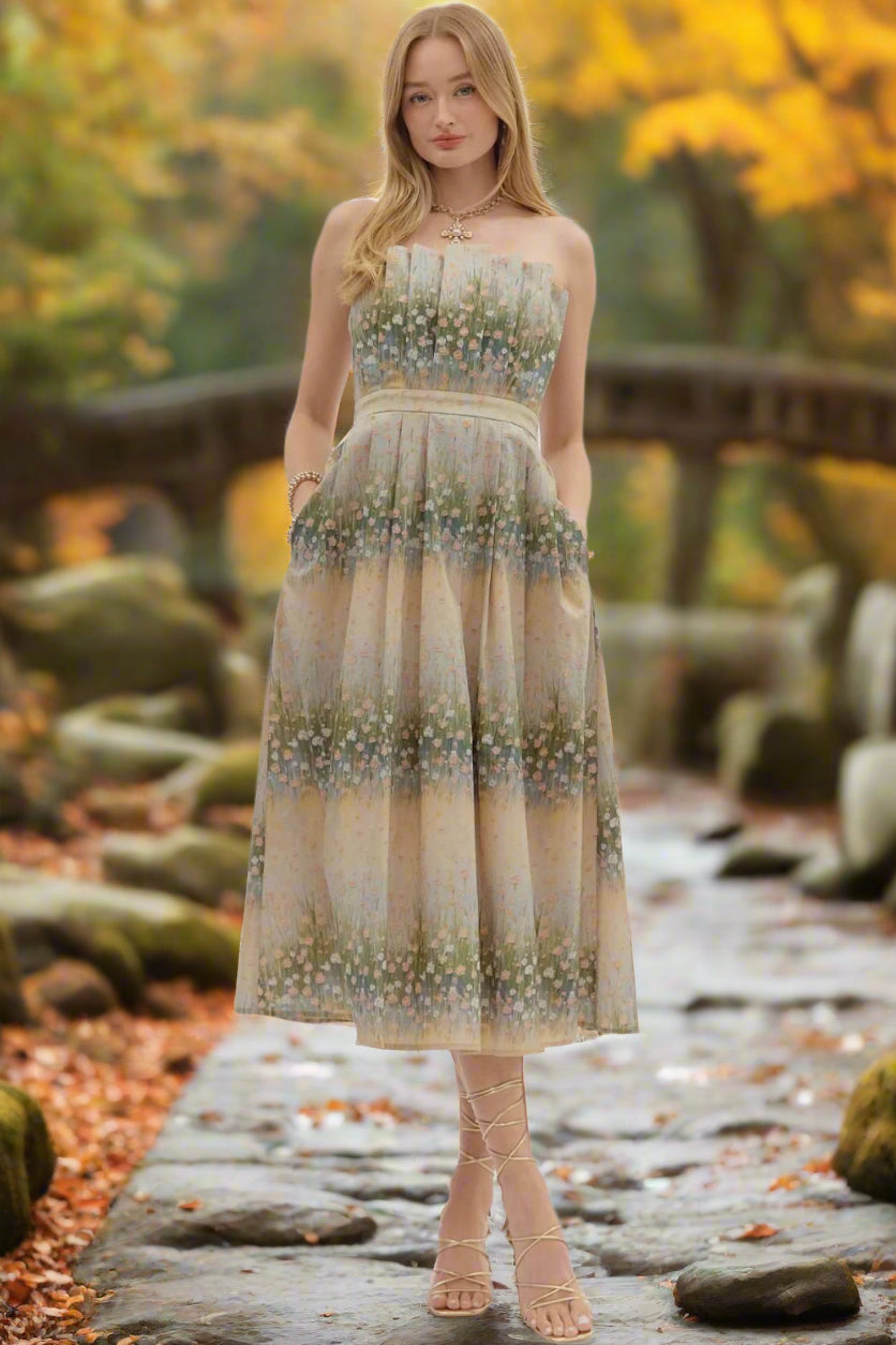 Entro Strapless Linear Floral Pleated Midi Dress with Pockets-Midi Dresses-Entro-Deja Nu Boutique, Women's Fashion Boutique in Lampasas, Texas