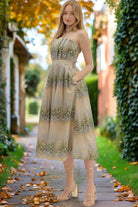 Entro Strapless Linear Floral Pleated Midi Dress with Pockets-Midi Dresses-Entro-Deja Nu Boutique, Women's Fashion Boutique in Lampasas, Texas