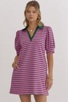 Entro Stripe Print V-neck Short T-Shirt Dress In Orchid-Short Dresses-Entro-Deja Nu Boutique, Women's Fashion Boutique in Lampasas, Texas