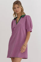 Entro Stripe Print V-neck Short T-Shirt Dress In Orchid-Short Dresses-Entro-Deja Nu Boutique, Women's Fashion Boutique in Lampasas, Texas