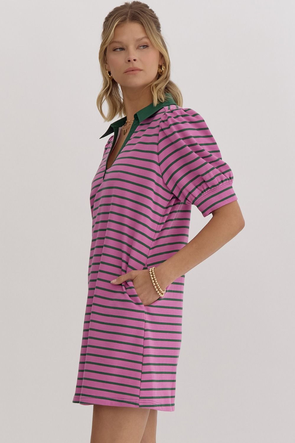 Entro Stripe Print V-neck Short T-Shirt Dress In Orchid-Short Dresses-Entro-Deja Nu Boutique, Women's Fashion Boutique in Lampasas, Texas