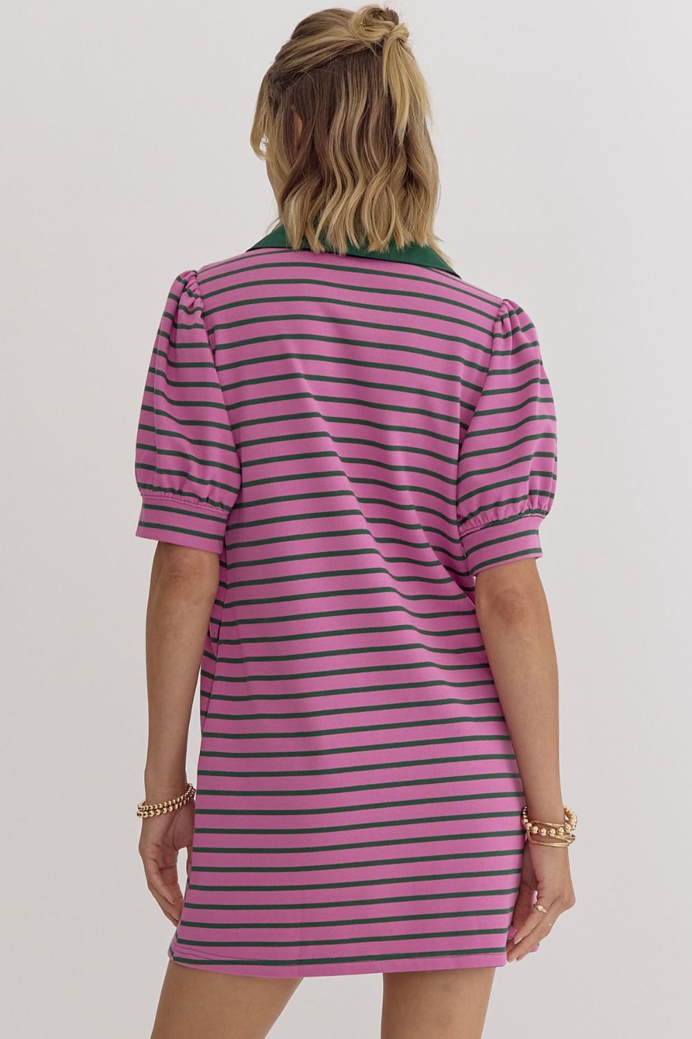 Entro Stripe Print V-neck Short T-Shirt Dress In Orchid-Short Dresses-Entro-Deja Nu Boutique, Women's Fashion Boutique in Lampasas, Texas