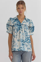 Entro Teal Floral Puff Short Sleeve Blouse With Ric-Rack Trim-Tops-Entro-Deja Nu Boutique, Women's Fashion Boutique in Lampasas, Texas