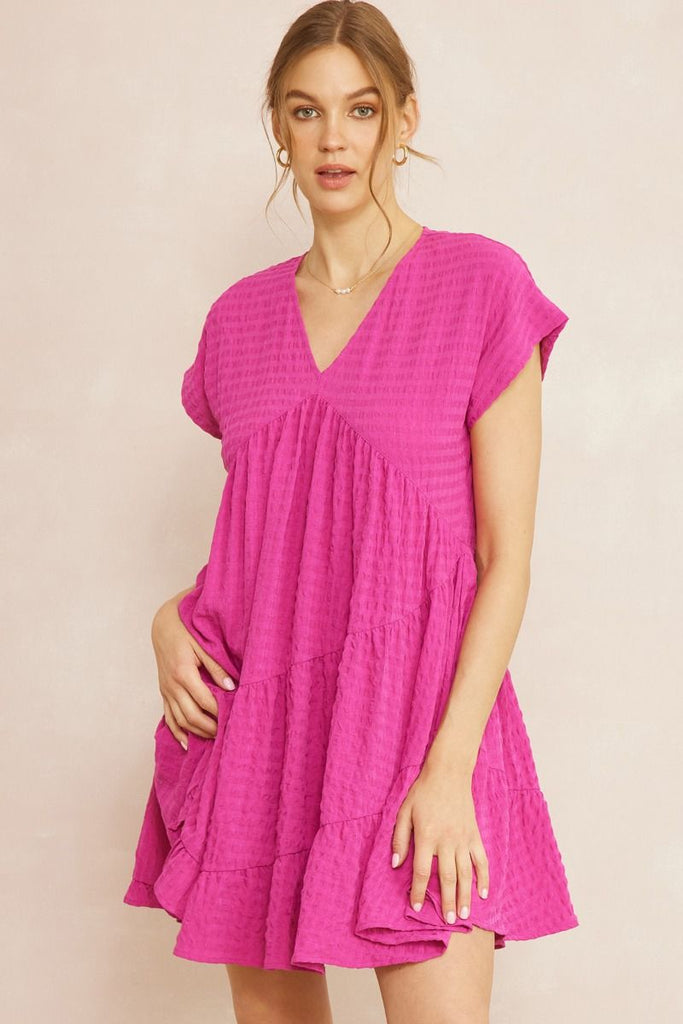 Entro Textured V-Neck Mini Dress With Ruffled Hem In Magenta-Short Dresses-Entro-Deja Nu Boutique, Women's Fashion Boutique in Lampasas, Texas