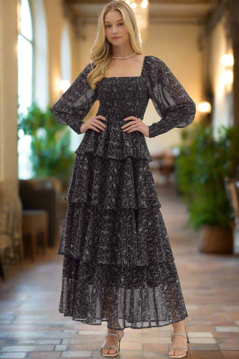 Entro Tiered Floral Puff Sleeve Maxi Dress In Black-Dresses-Entro-Deja Nu Boutique, Women's Fashion Boutique in Lampasas, Texas