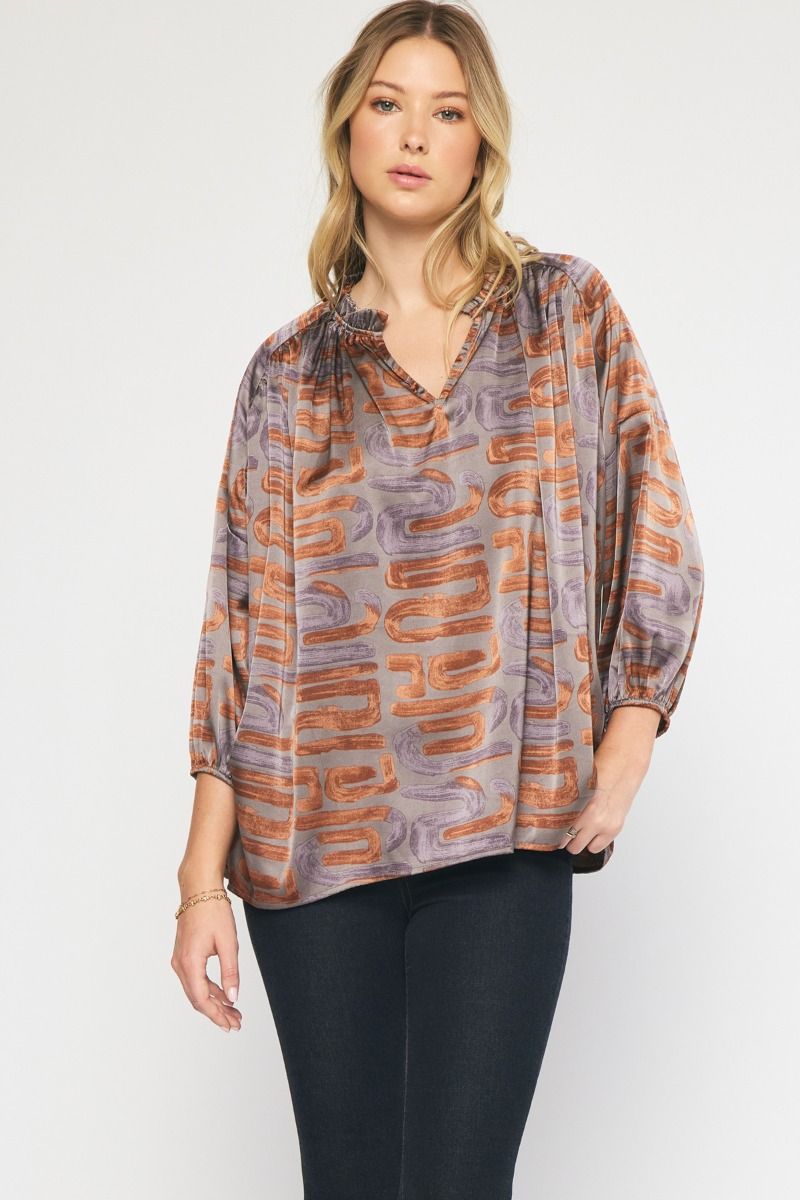 Entro Toffee Swirl Printed V-Neck Top With Ruffle Detail Plus-Curvy/Plus Blouses-Entro-Deja Nu Boutique, Women's Fashion Boutique in Lampasas, Texas